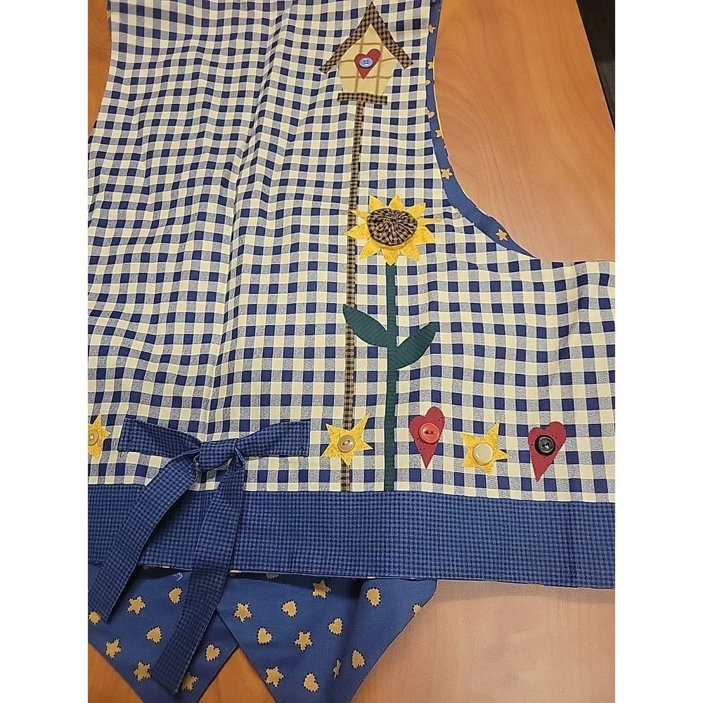 Vintage Cottagecore Patchwork Vest Sunflower Birdhouse Gingham Blue Artisan Sz L - Picture 7 of 12